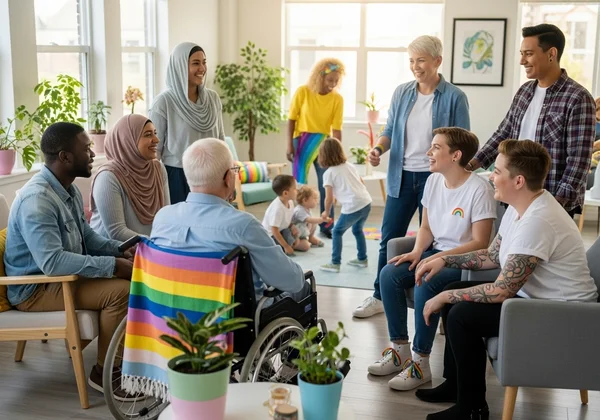 Diverse group connecting in a supportive LGBTQ+ community