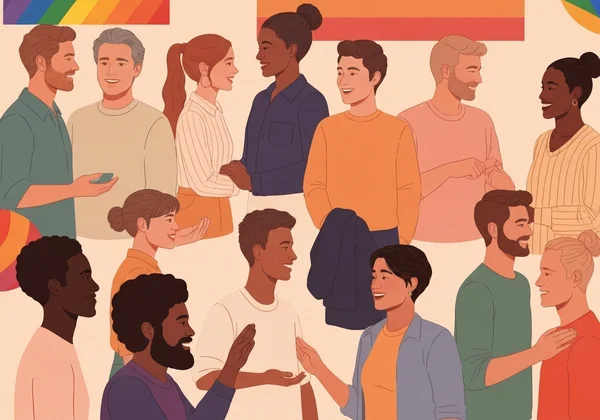 Diverse group embracing, representing LGBTQ+ community spectrum