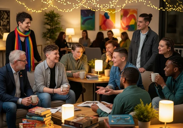 Diverse group connecting, symbolizing LGBTQ+ community support