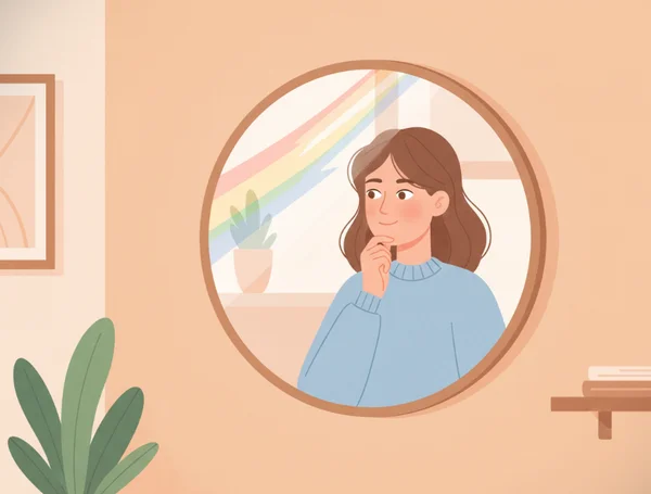 A young person looking thoughtfully into a mirror, exploring their identity