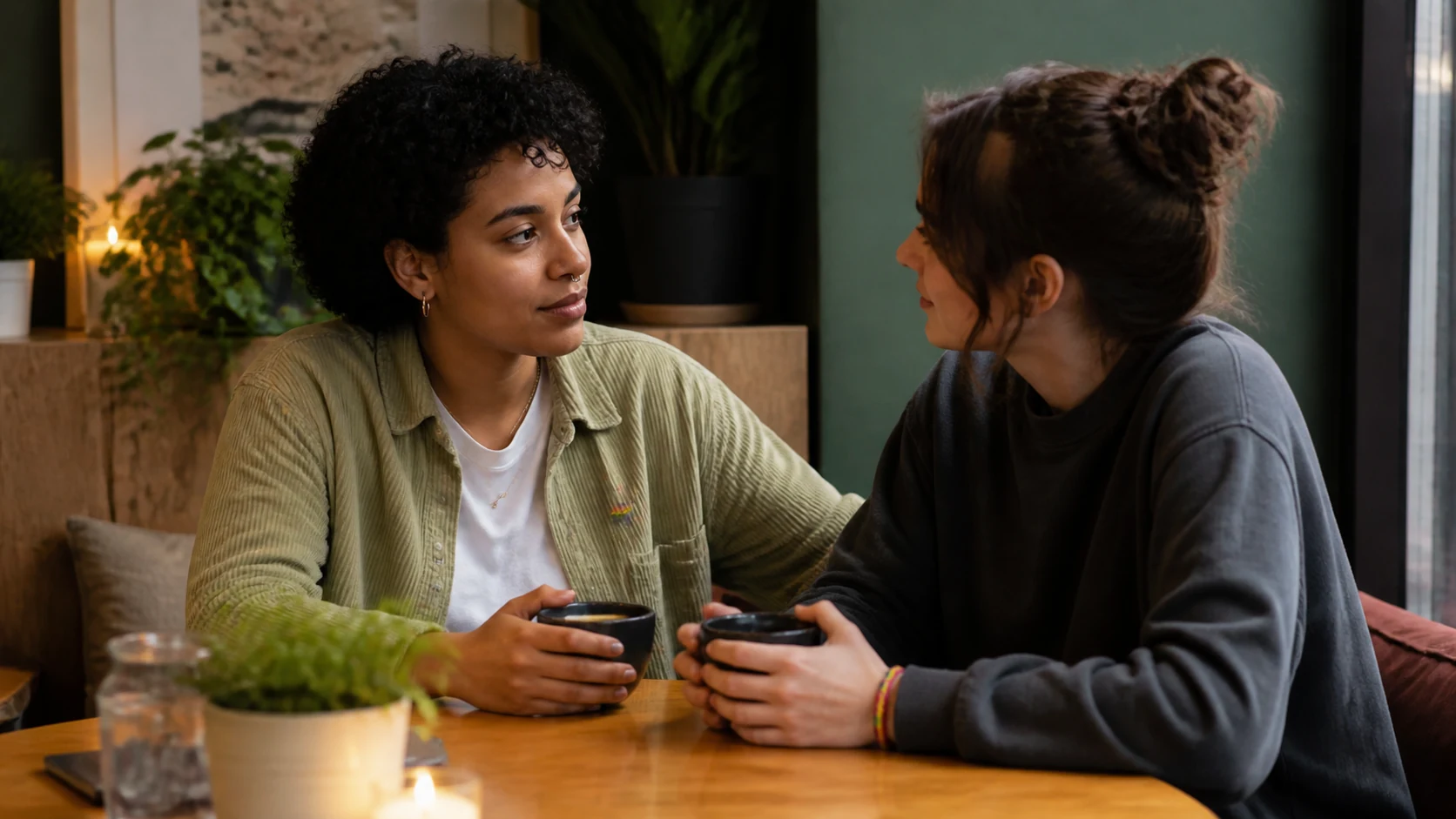 Two friends in a calm conversation