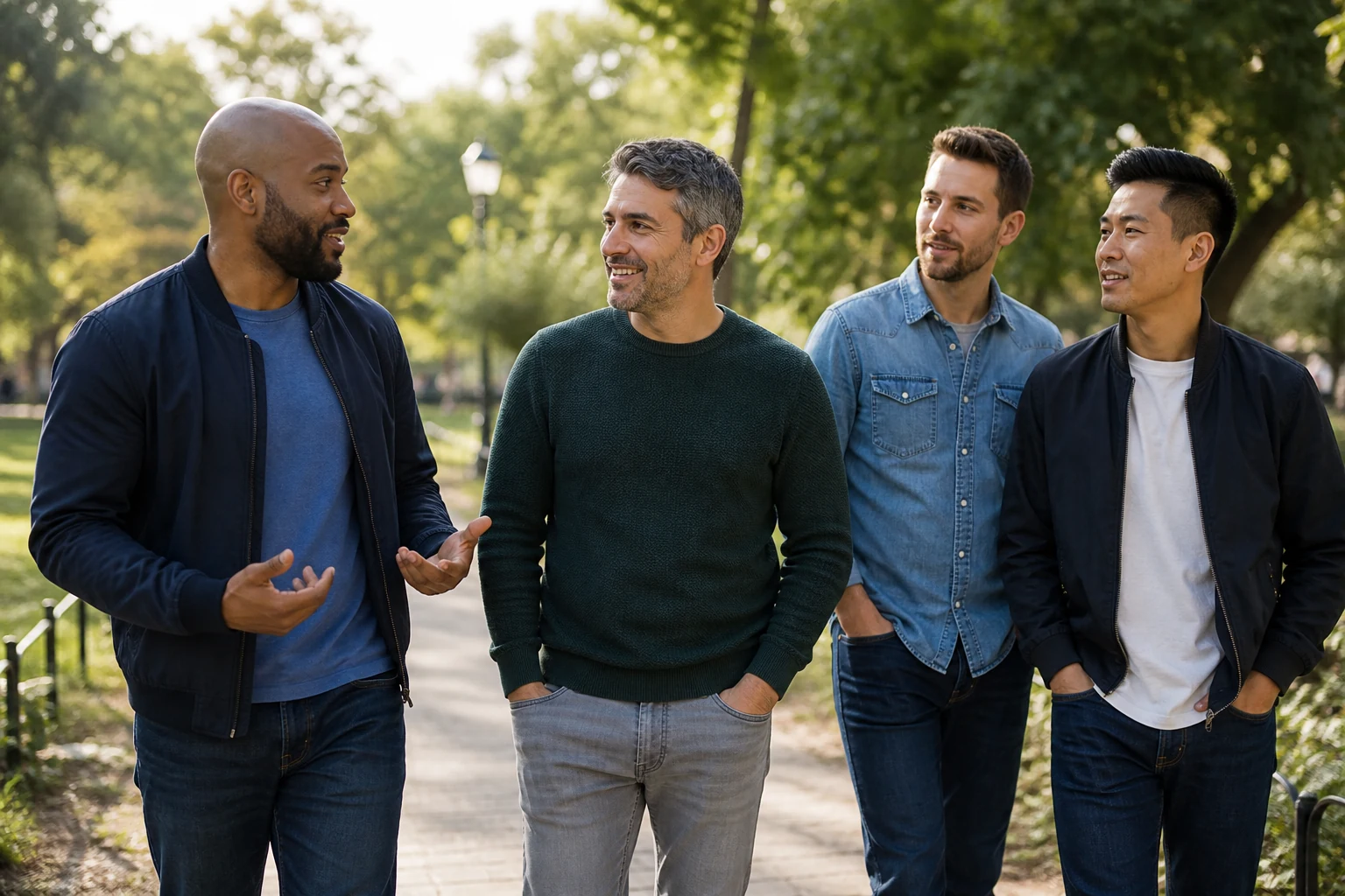 Diverse everyday gay men outdoors